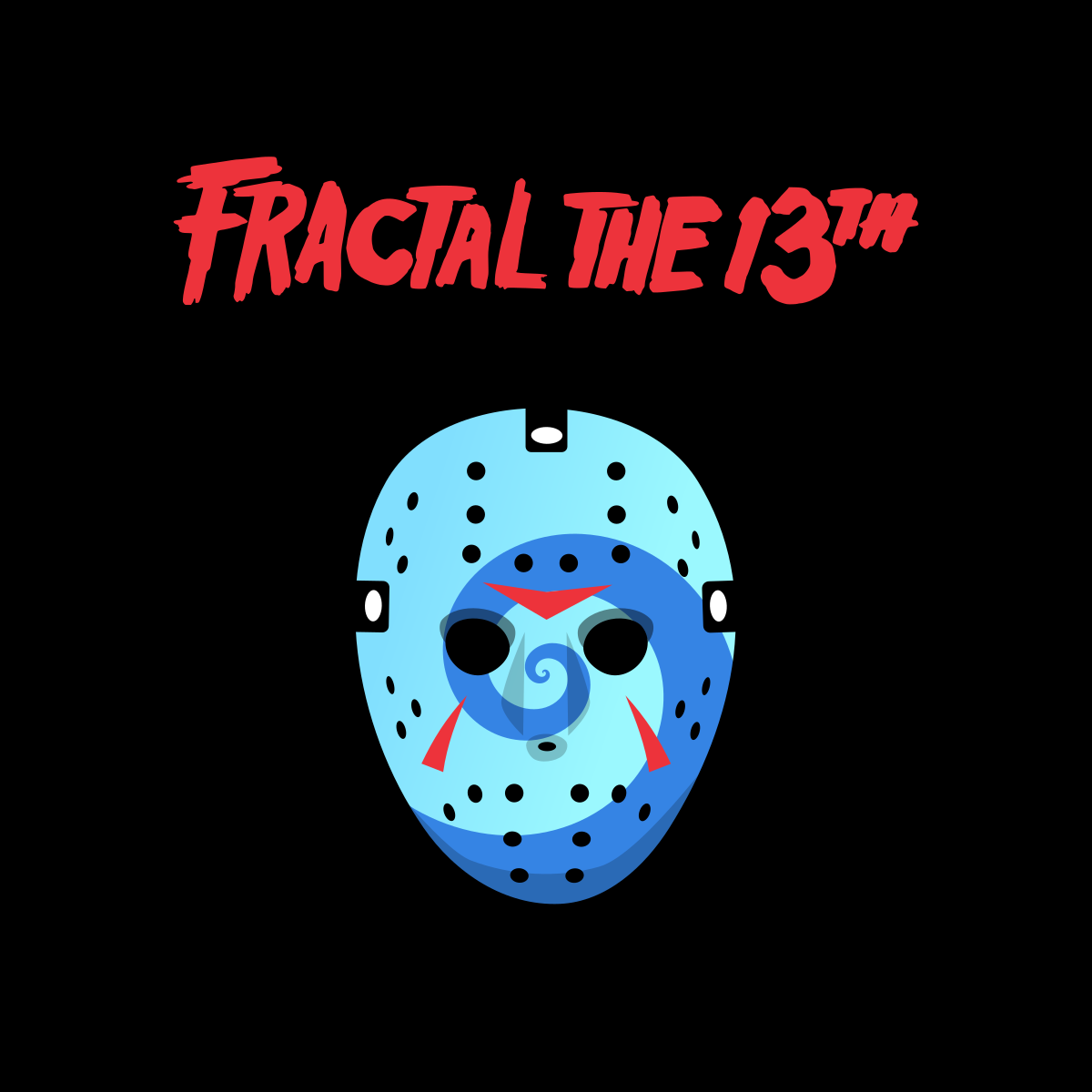 A picture of a mask looking like the one of Jason Voorhes, the serial killer from the movie Friday 13th. It's not white but has the Fractal logo, two intricate swirls, printed on it. It has the caption "Fractal the 13th."